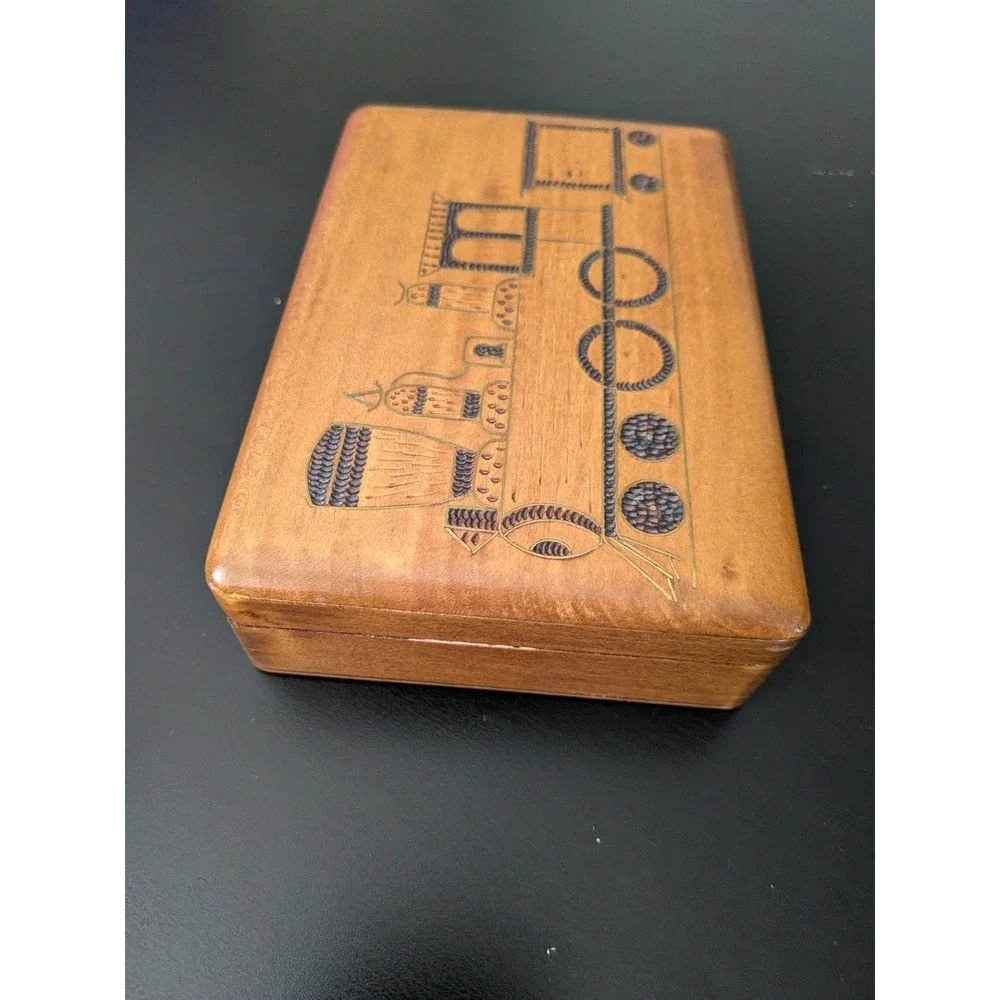 Vintage Wooden Jewelry Box Trinket Box Etched Train Design Poland 5.5